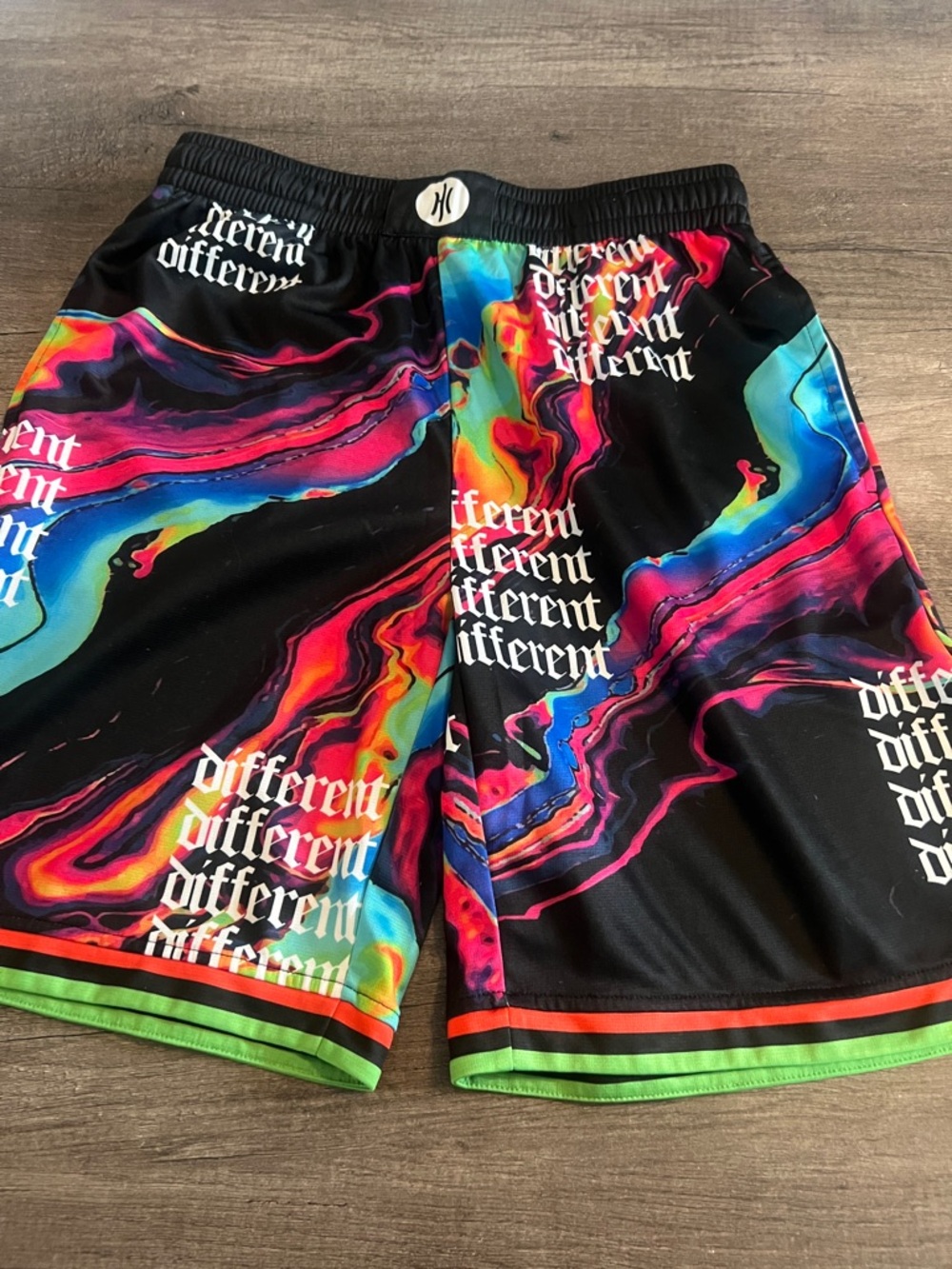Rip Curl Black Athletic Shorts with Neon Multicolor Swirl